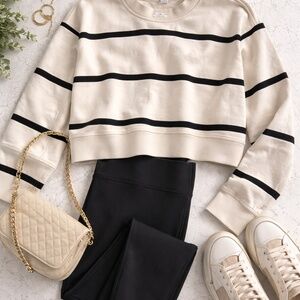 Lululemon Cropped Striped Sweatshirt Size 4 Black Cream Long Sleeve Pullover